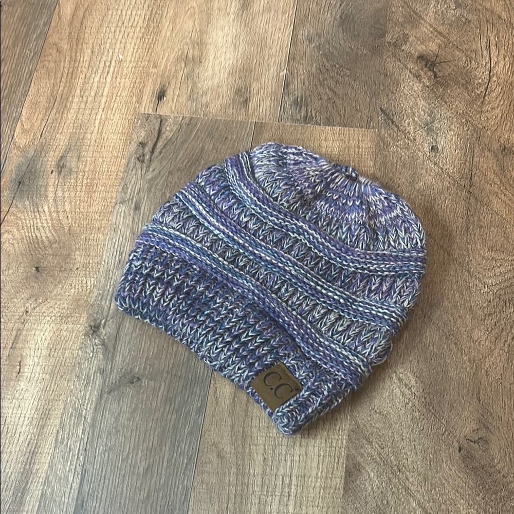 CC Knit Beanie in Blue and Gray w/elastic hole